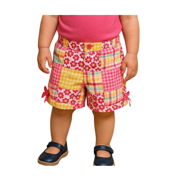 Fisher Price Girls Size 24 Month Patchwork Plaid Floral Shorts Pink Yellow - Picture 1 of 7